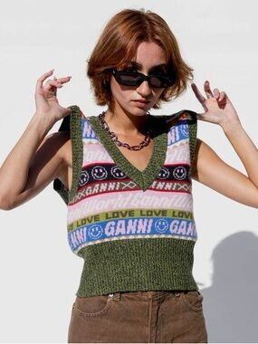 Ganni Graphic V-neck Vest - multicolor knit